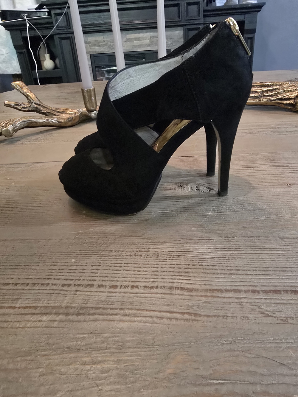Michael Kors Black Suede Crisscross Peep-Toe Heels with Gold Accent